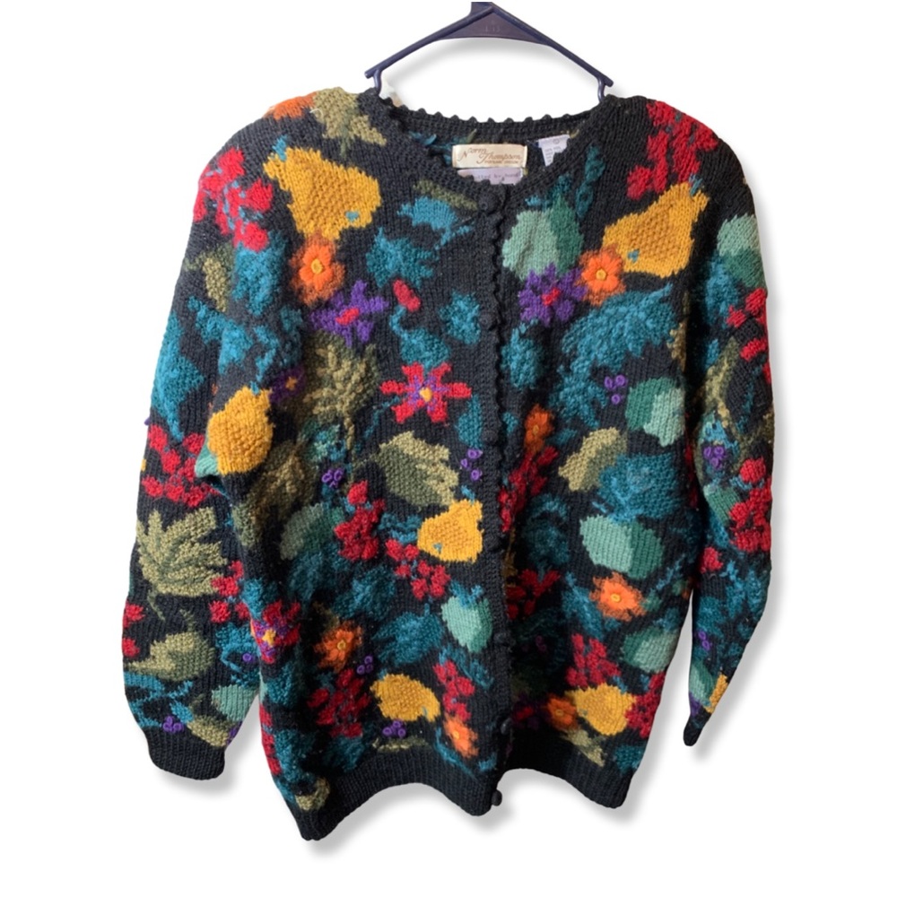 Vintage Norm Thompson Portland Oregon floral wool hand knit cardigan size large